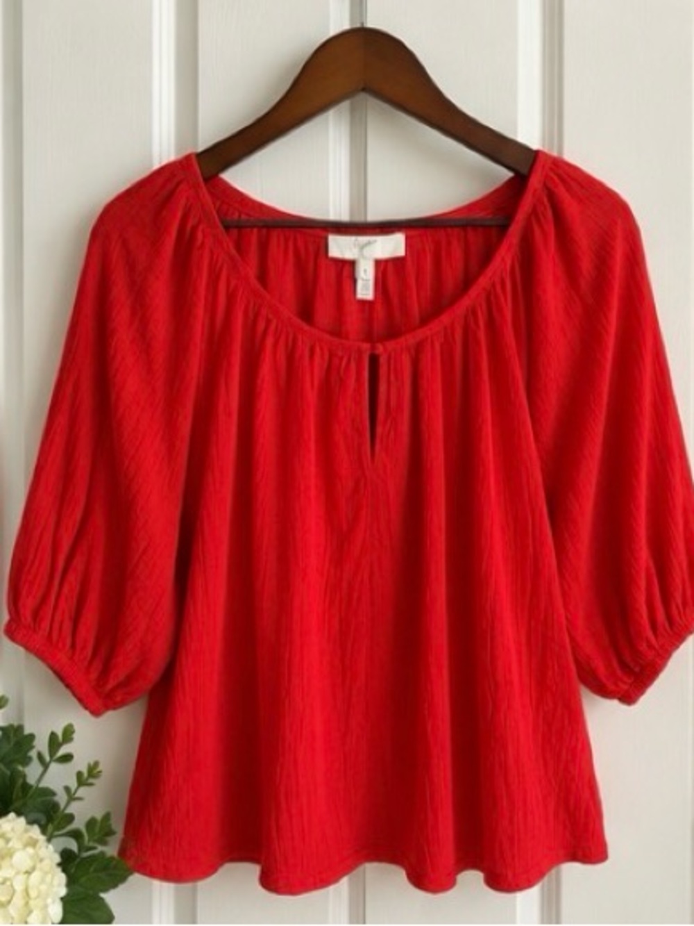 Joie Red Cotton Peasant Blouse 3/4 Sleeve Top Large